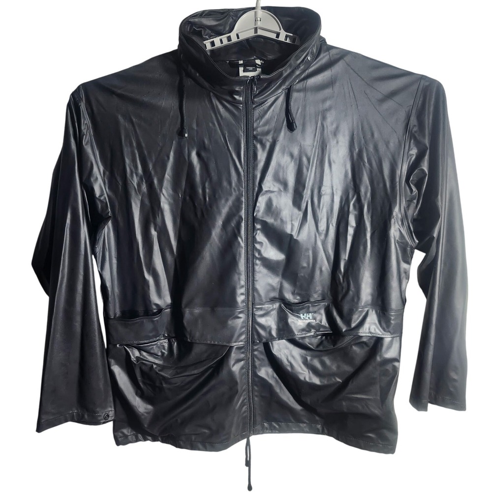 Helly Hansen XL Mens Waterproof Rain Jacket Full Zip Hooded Black **FLAWS READ**